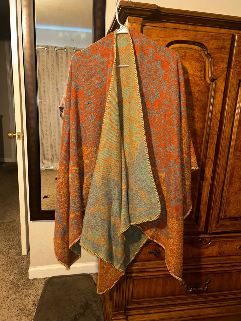 Reversible Paisley Pattern Shawl - Orange & Teal